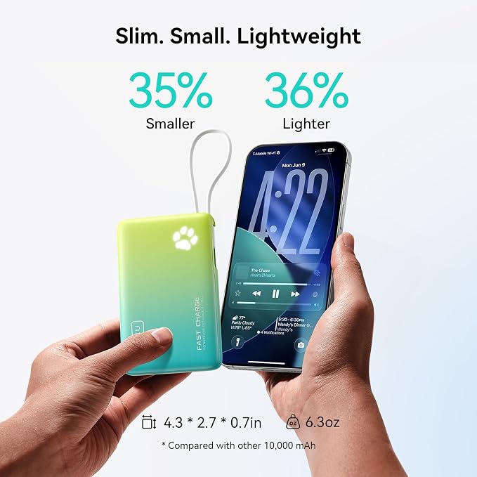 INIU 45W Fast Charging Tablet Portable Charger, Smaller 10000mAh Power Bank | Flight-Safe, Built-in USB C Cable, Flashlight, Battery Phone Pack for Tablet, iPad, iPhone 17 16, Samsung S26 etc, Cyan - Image 3