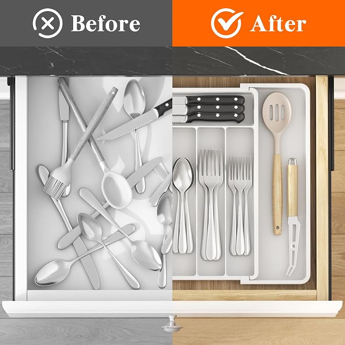 Lifewit Expandable Silverware Drawer Organizer, Kitchen Utensil Tray | BPA-free Plastic Flatware Cutlery Holder, Space-Saving Storage for Spoons Forks Knives, 11-18 x 14 x 1.5“, White - Image 5
