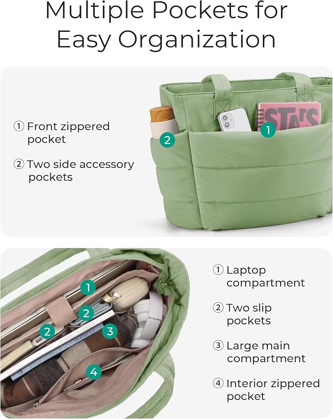 BAGSMART Tote Bag for Women, Lightweight Puffy Tote Bag with Compartments Shoulder Bag Handbag for Travel, Work, Gym | Lightweight - Image 4