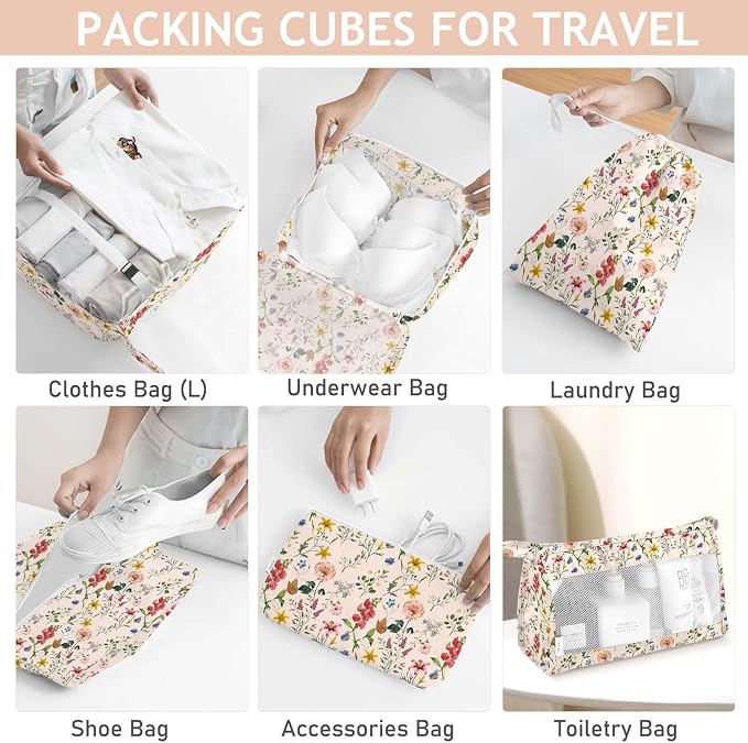 KPX 8 Set Packing Cubes for Travel, Luggage Packing Organizers Accessories Large Toiletries Bag for Clothes Shoes Cosmetics (Retro Flower) - Image 4