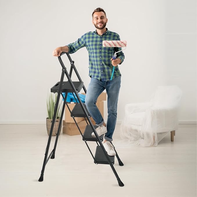 Arbusb Step Ladder, Folding Step Stool with Wide Anti-Slip Pedals, Sturdy Steel Ladder with Handrail, Space-Saving, Portable for Home & Adults, 4 Step Black - Image 6