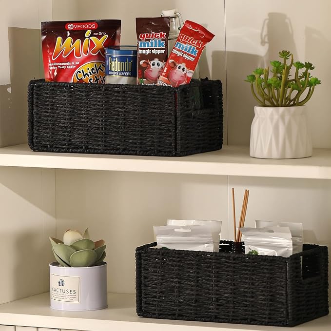 Wicker Storage Basket, Set of 2 Hand-Woven Paper Rope Wicker Basket, Small Storage Baskets for Organizing Toilet Paper Basket, Foldable Large Cube Storage Organizer Bins for Shelves (Black) - Image 5