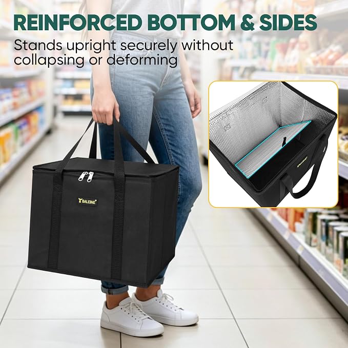 BALEINE 1PK Insulated Reusable Grocery Bag, Heavy Duty Shopping Tote | Foam & Foil Insulation, 9" Long Handles, Reinforced Bottom Keeps Upright, Fold Flat Storage, Water-Resistant Shopping Bag - Image 3