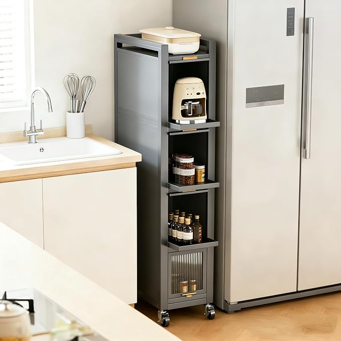 5-Tier Tall Narrow Mobile Shelf Organizer, Slim Storage Cart on Wheels | Pull Out Cabinet Organizer for Small Space Kitchen Space Saving, with Transparent Flap Door Design, Grey by HIYOUGO