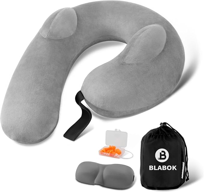 Patented Design Inflatable Travel Neck Pillow – Airplane Neck Pillow with 360° Head & Neck Support, Soft Washable Velvet Cover, Compact Neck Support Pillow for Airplane,Train,Car,Office & Home (Grey) by BLABOK