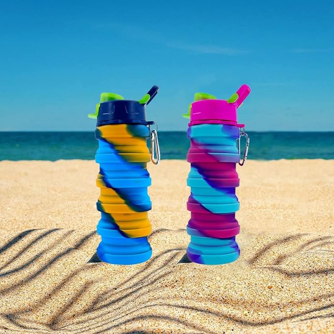 Collapsible Water Bottles 2 Pack 500ml (Yellow Camo+Rose Red) | Portable Expandable Sport Bottle with Carabiner for Travel & Camping - Image 7