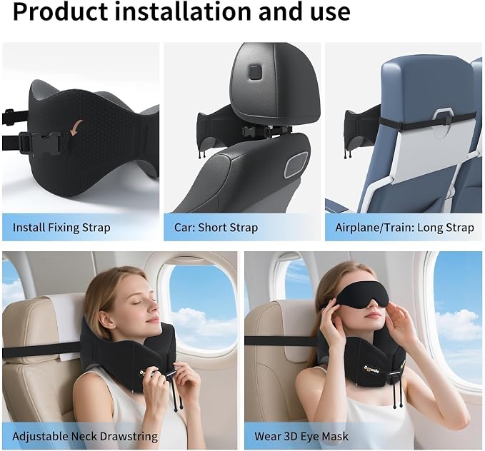 Patented Head-Bobble-preventing Ergonomic Travel Neck Pillow Combo | Game-Changer Adjustable & Detachable Seat Strap for Head-stability，Exclusive Golden Formula Memory Foam，3D Contoured Eye Mask - Image 4