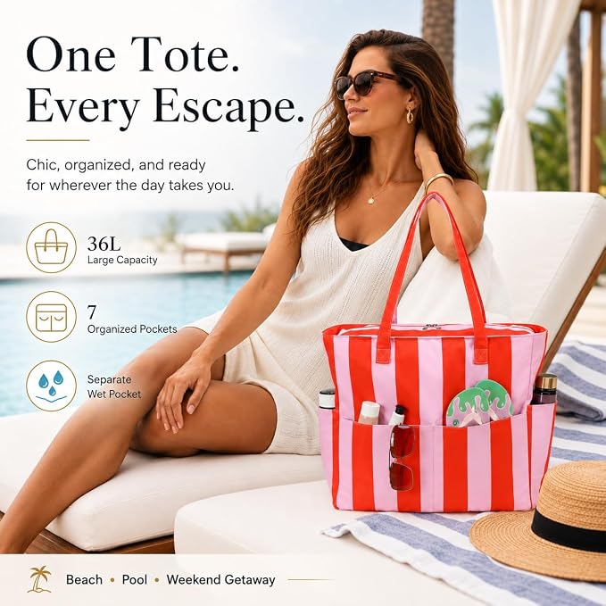 LEDAOU Large Beach Bag for Women, Waterproof Sandproof Tote Bag with Zipper | 36L Pool and Swim bag with Zipper, Wet/Dry pocket and 7 Pockets for Beach Days, Cruises, Vacations and Family travel - Image 6