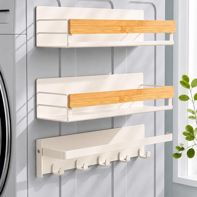 Bamboo 3 Pack Magnetic Shelves for Washing Machine, White Bamboo | Magnetic Laundry Shelf, Laundry Room Organization, Heavy-duty Storage for Kitchen Refrigerator, Detergent Holder with Hooks by Junkin
