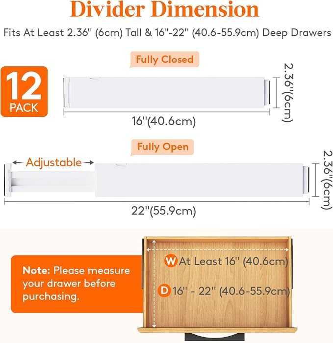 Lifewit 2.36" Upgrade Kitchen Drawer Dividers, Adjustable Drawer Organizer | 12 Pack 16"-22" Expandable White Drawer Separator for Clothes/Utensils, Dresser/Cabinet/Closet/Nursery Organization & Storage - Image 3