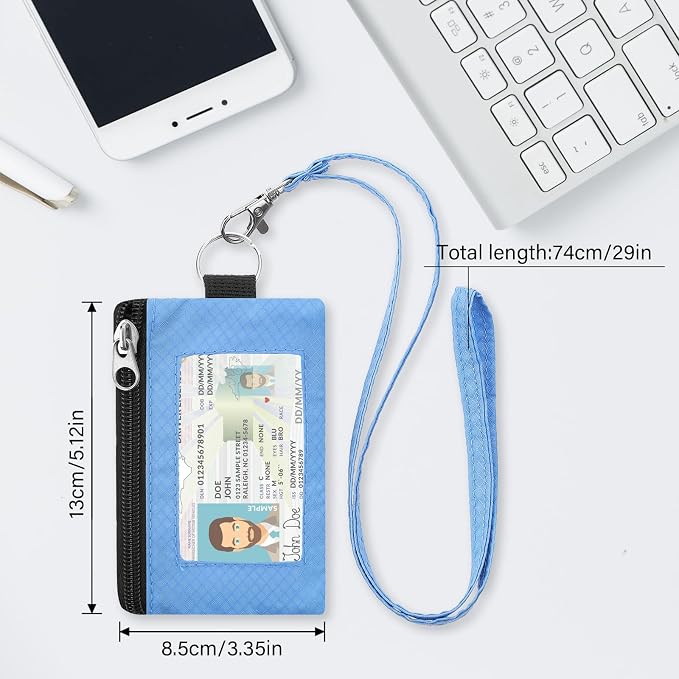 Minimalist RFID Blocking Wallet with 2 Zip Pockets and Lanyard, Water Resistant ID Case with Key Ring and Cards Badge Holder, Coin Purse Pouch for Men and Women Travel Sports -LT BU - Image 3