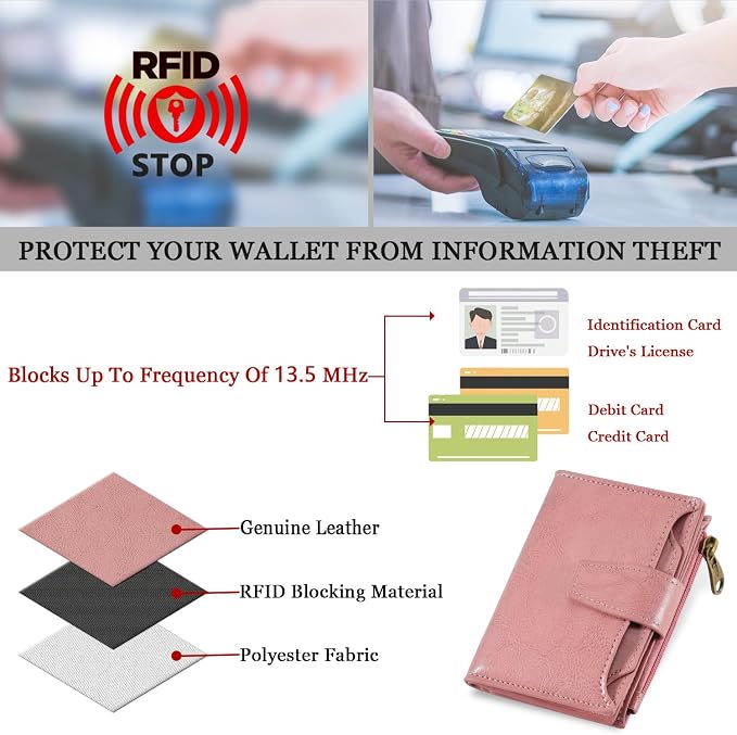 Small Wallet Women RFID Blocking Soft Leather Bifold Compact Card Holder Wallet for Women with Zipper Coin Pocket 4 ID Window - Image 6