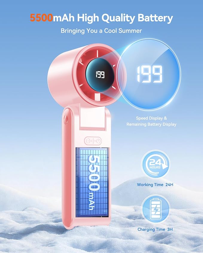 Portable Handheld Turbo Fan, 199 Gear Speed, 24 Hs Cooling Time, 5500mAh Rechargeable Mini Personal Hand Fan, Foldable Design, Travel Essentials, Beach Vacation, Gifts for Women, Men,Pink - Image 3