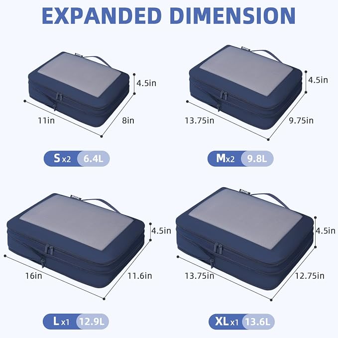 BAGAIL 4 Set/6 Set/8 Set Compression Packing Cubes Travel Accessories Expandable Packing Organizers (Square Mesh, 06-Navy) - Image 2