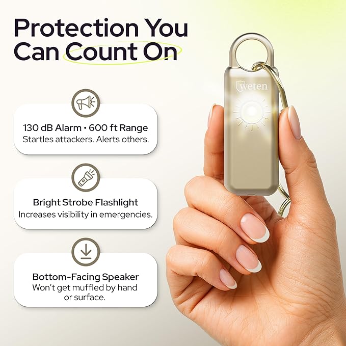 Personal Safety Alarm Keychain for Women, 130dB, LED Light, Gold Satin | USB-C Rechargeable, Bottom Speaker Siren, Wristlet and Carabiner Clip, Weatherproof, Low Battery Alert - Image 2