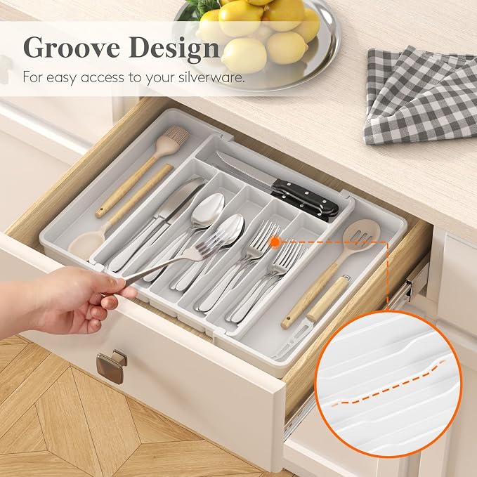 Lifewit Expandable Silverware Drawer Organizer, Kitchen Utensil Tray | BPA-free Plastic Flatware Cutlery Holder, Space-Saving Storage for Spoons Forks Knives, 11-18 x 14 x 1.5“, White - Image 8