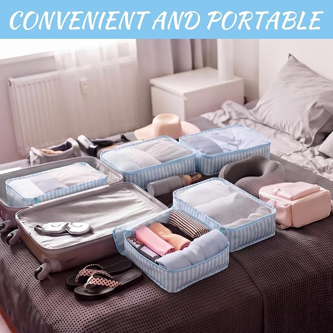 Silkfly 8 Pcs XL Packing Cube for Travel Luggage,Stripe,Blue, White | 17.7 x 13 x 4.7, Same Size, Blue White Stripe Suitcase Storage Organizer Set, Reusable Mesh Clothes Cube for Camp Family - Image 5