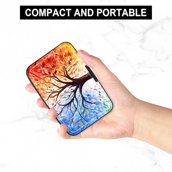 Card Holder Credit Cards Holder for Women RFID wallet women Business Card Holder Wallet Mini Aluminum Card Wallet RFID Blocking Slim Metal Hard Card for Women, Colorful Trees - Image 5
