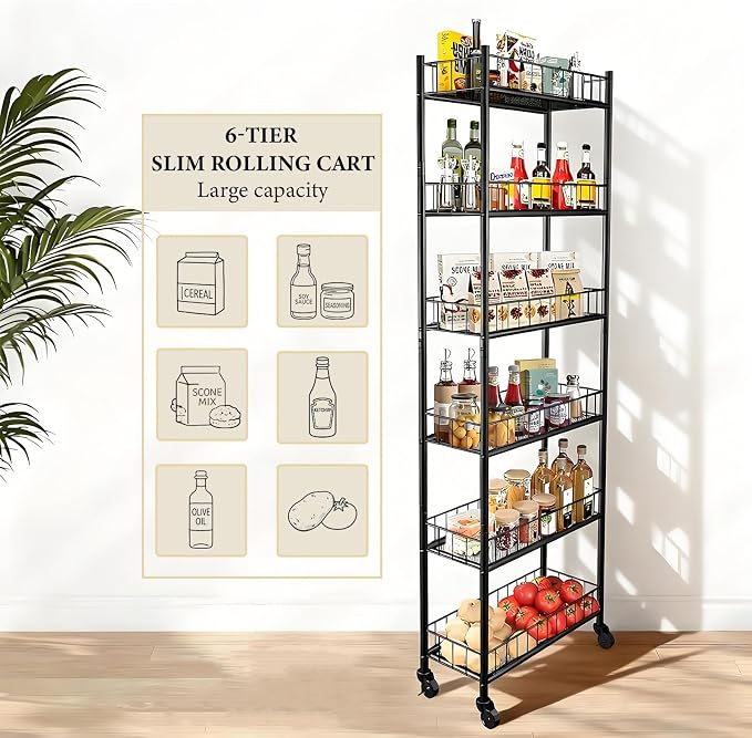 Utility Slim Storage Cart 6 Tier Narrow Metal Frame Carts | 6 Tier Narrow Kitchen Storage Cart,Laundry Room Carts, for Kitchen,DiningRoom,Living Room,Home Office,Classic Black - Image 7