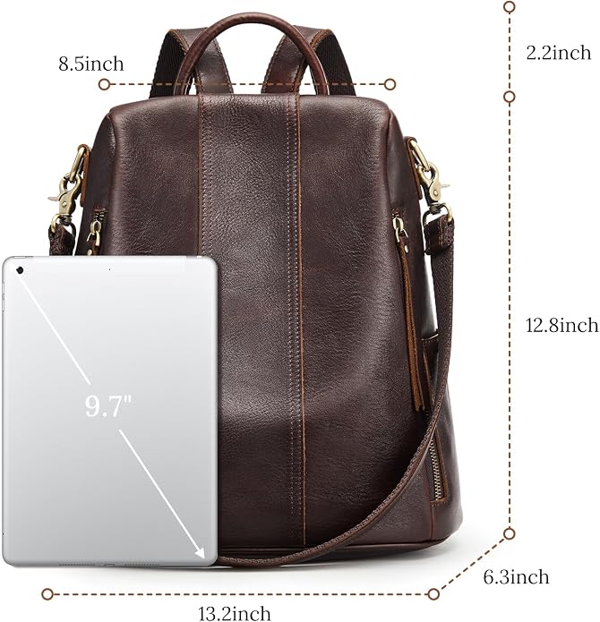 S-ZONE Leather Backpack Purses for Women Antitheft Rucksack Shoulder Bag Medium | Genuine Leather, Medium Fits 9.7-inch Tablet, for Work Travel Daily Commute, Multi Pockets, Adjustable Dual Straps - Image 5