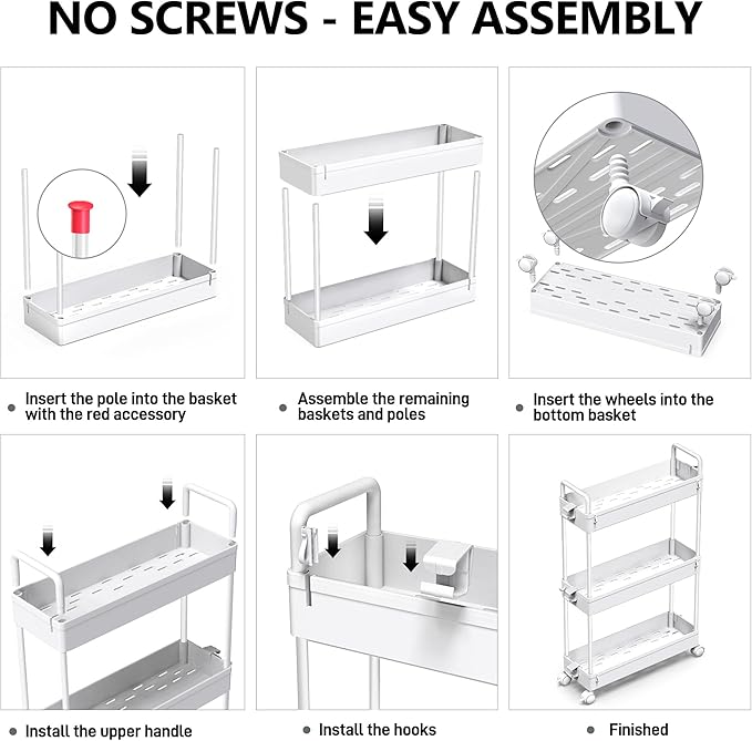 SOLEJAZZ Slim Rolling Storage Cart Skinny Bathroom Organizer, 3 Tier, White | Thin utility cart with wheels for bathroom, laundry room, bedside, kitchen, dorm, office, next to fridge, small narrow places - Image 7
