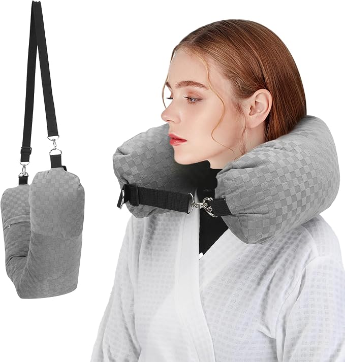 Stuffable Neck Pillow for Travel, Packable Neck Pillow (Grey-Checkerboard) | Velvet cover, Stuff with clothes to save luggage space, No extra baggage fees, Fits 5+ days travel essentials, Zipper closure by NK+HealthCare