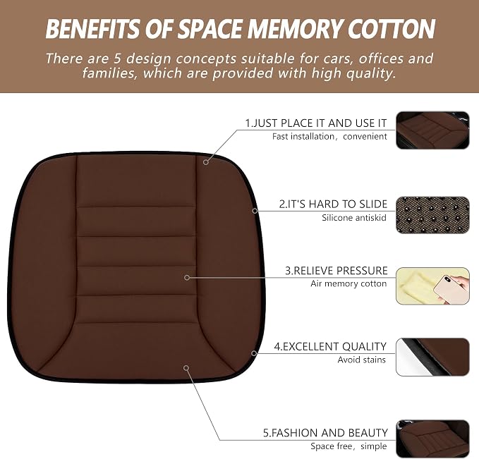 2PCS Car Seat Cushion Pad 1.2" Thick Comfort Seat Protector for Car Driver Seat Office Chair Home Use Memory Foam Seat Cushion with Non Slip Bottom, 20'' x 18.5'', Coffee - Image 2