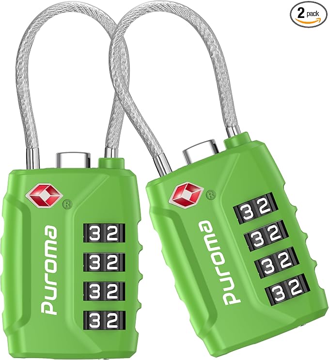 Puroma 2 TSA Approved Luggage Locks 4 Digit Code Cable Lock Basic Green | Resettable, Flexible Cable, Zipper holes, Zinc Alloy, Bright Color, Large White Numbers, Suitcase Train Travel, laptop bag by Puroma