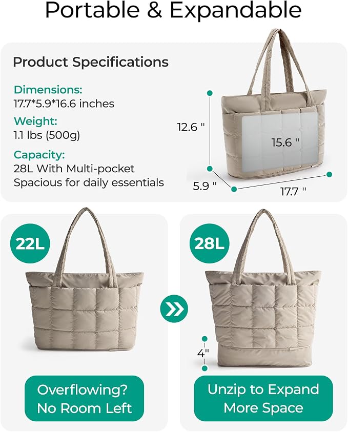 BAGSMART Expandable Tote Bag for Women, Puffer Work Tote Travel Bag | Quilted Carry On Bag for Travel Work Gym College, Waterproof Travel essentials - Image 3