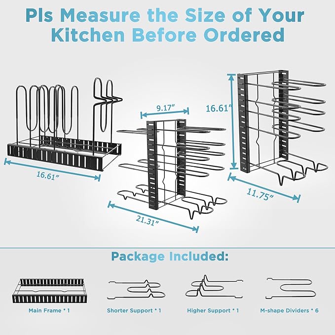Pots and Pans Organizer Under Cabinet 16.6", 8-Tier Adjustable Rack | 3 DIY Modes, Tool-Free Assembly, Non-Slip, Fits Lightweight Cookware Up to 11", For Kitchen Cabinets, Shelves & Countertops - Image 2