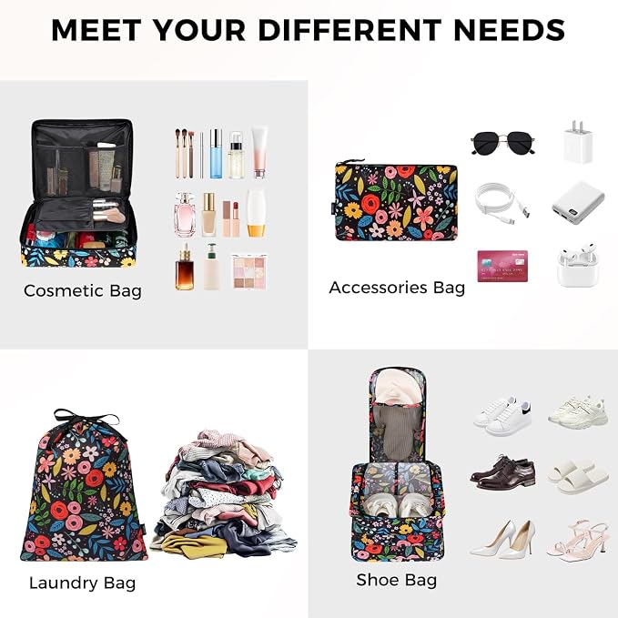 BAGAIL 8 Set Packing Cubes Luggage Packing Organizers for Travel Accessories-Black Floral - Image 4