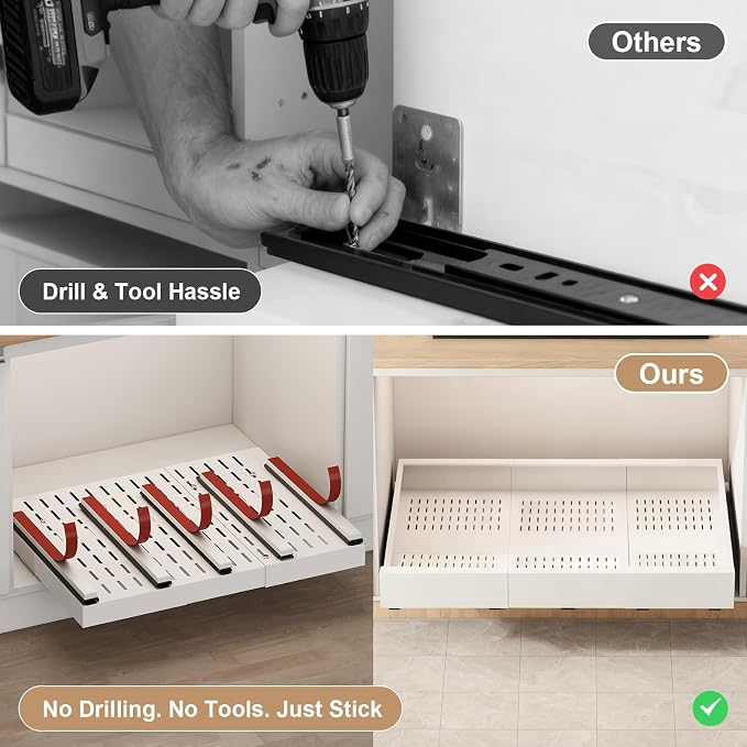 Fokyfok Pull Out Cabinet Organizer,23"-31"W,17"-24"D,Expandable,Adhesive | No Drill,5 Rails,Roll out Drawers,Adjustable Slide out Shelves for Kitchen,Pantry,Framed and Framless Cabinets,White,1PC - Image 6