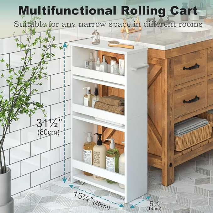 MARTY Slim Rolling Storage Cart, Wood Utility Kitchen Bathroom Laundry Cart | 4 Tier Kitchen Cart with Wheels Handle, Laundry Room Organization, Narrow Bathroom Storage Cabinet, 5.5" Wide Storage Trolley - Image 5