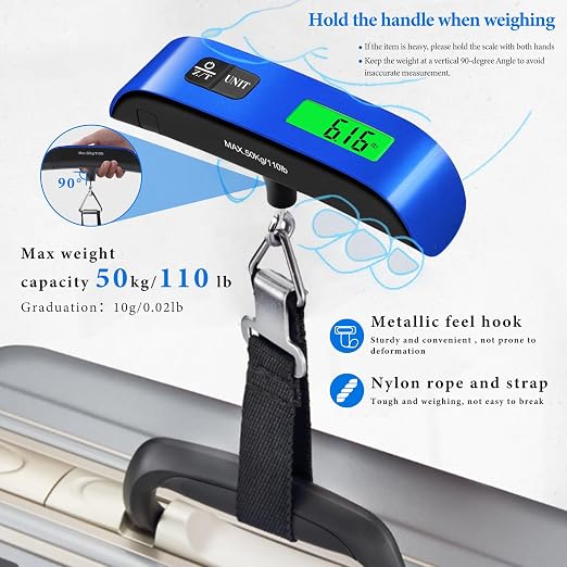 Luggage Scale, 110lb/50kg Portable Luggage Weight Scale, Blue | Unit Conversion,Automatic overload,Low battery warning modes,LED Display,for Weighing Luggage, Backpacks, Fruits and Pets - Image 4