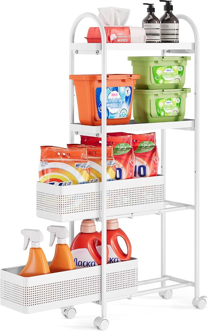 KINGRACK 4 Tier Slim Rolling Cart with Drawer, Metal Utility Storage Cart | 2 Pull-out Baskets, Lockable Wheels, Narrow Space Trolley Organizer for Bathroom, Kitchen, Office, Dorm, Laundry Room, White by KINGRACK