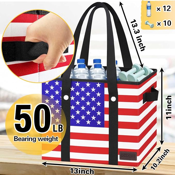 Patriotic Bags - Heavy Duty Reusable Grocery Bags with Hard Bottom & Long Handles, Foldable Reusable Shopping Bags with Box Shape to Stand Up, 3 Pack, Patriotic - Image 4