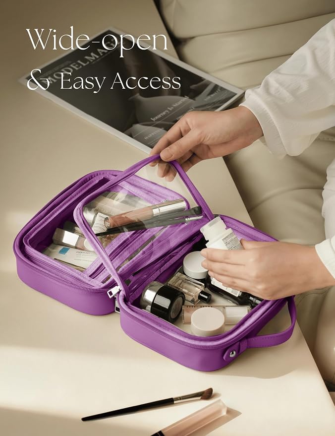Clear Cosmetic Bag Double Layer Travel Toiletry Bag Clear Makeup Bag Case with 4 Compartments, Transparent Travel Bag for Toiletries, Large Toiletry Bag for Women Cosmetic Case (Purple, Small) - Image 2