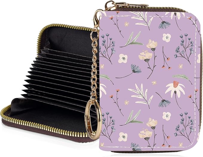 Credit Card Holder for Women,Small Rfid Wallet with Keychain Zipper,Cute PU Leather Card Case Wallet，Accordion Credit Card Wallets Gift,Leaves and Floral Patterns by Unknown