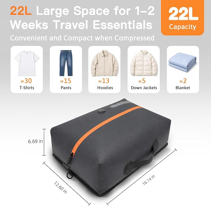 Travel Vacuum Bags With Pump, 3 Pack 22L Compression Kit For Clothes | IPX8 Waterproof; 3-5 Minute Compression; USB-C Cordless Pump; Up To 60-Minute Runtime; Saves Up To 60% Space; Airtight Seal - Image 2