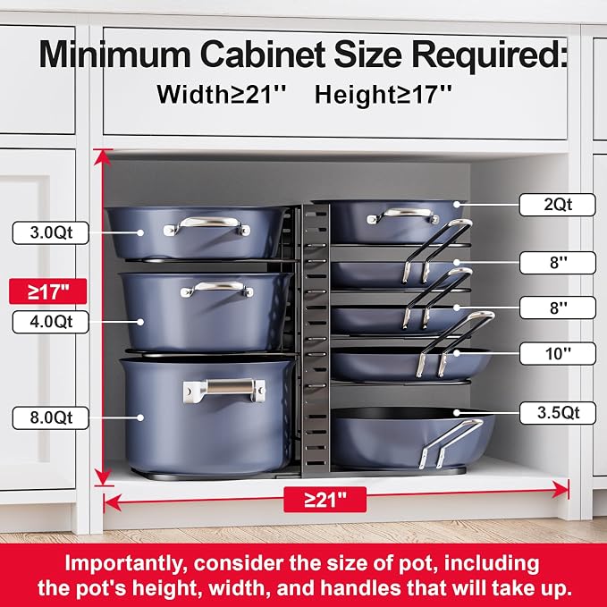 Pots and Pans Organizer Under Cabinet 14.6", 8-Tier Adjustable Rack | 3 DIY Modes, Tool-Free Assembly, Fits 6–11" Lightweight Cookware, For Kitchen Cabinets, Shelves & Countertops Pot Organizer - Image 3