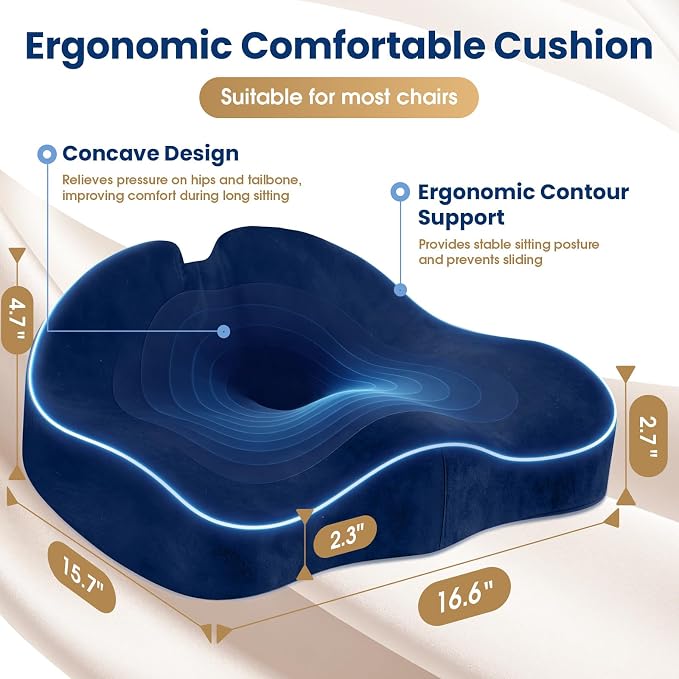 Memory Foam Seat Cushion for Office Chair & Car Seat, Blue | for Office Chair, Car Seat, Relieving Pressure Tailbone Sciatica Back Pain for Long Sitting Office Workers, Car Drivers - Image 2
