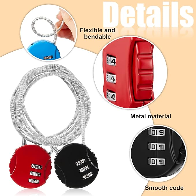 3 Pieces Cable Luggage Locks 3 Digit Combination Locks Combo Locks Wire Stroller Locks TSA Approved Padlocks for Travel Bike Backpack Cabinet, 30 Inch Wirerope (Black,Blue,Red) - Image 3