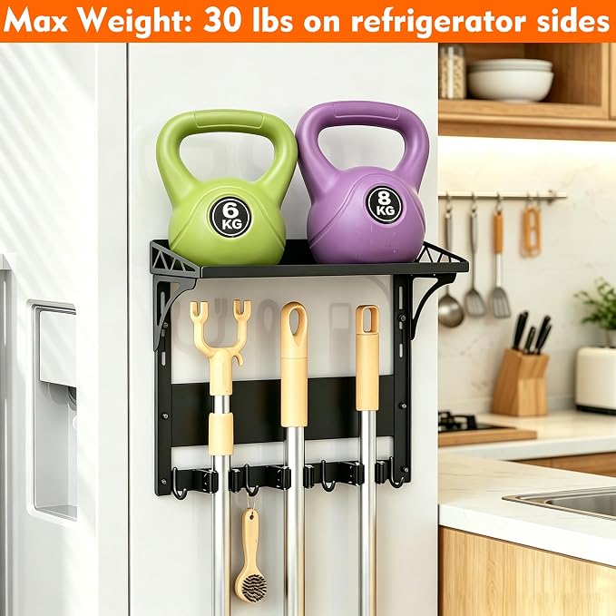 MUTUACTOR Heavy Duty Magnetic Broom Holder,Anti-slip Magnetic Tool Rack with Top Utility Shelf, Easy Assembly Broom Mop Organizer for Refrigerator Metal Cabinet Laundry Room Kitchen,3-Clamps 4-Hooks - Image 8