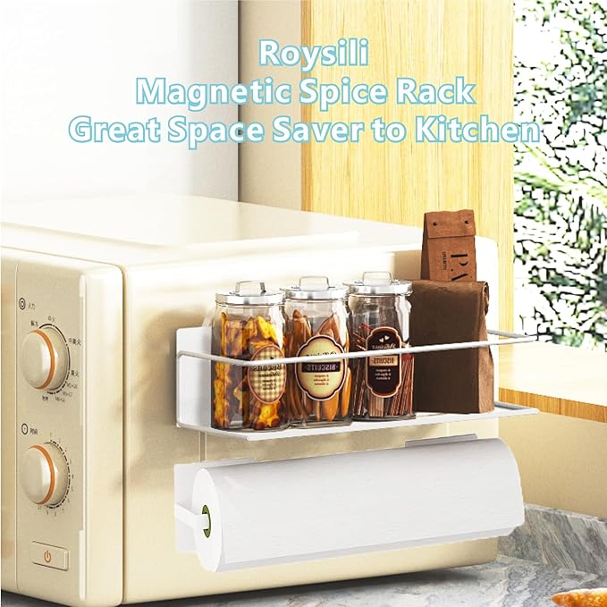 Magnetic Spice Rack For Refrigerator, Space Saving Magnetic Shelf For Fridge White 4 Pack With Magnetic Paper Towel Holder - Image 6