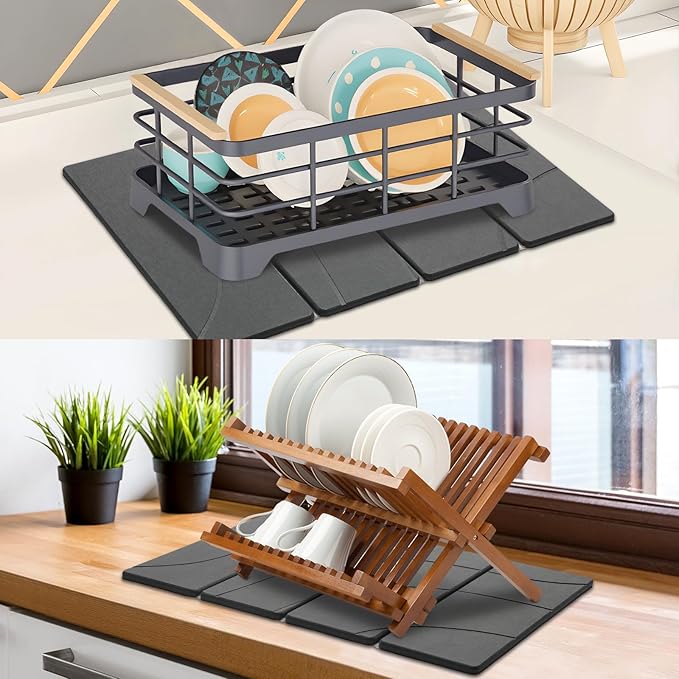 Large Stone Dish Drying Mat for Kitchen Counter, 2 PCS Quick Dry Stone Mats, Foldable Water Absorbing Diatomaceous Earth Drying Dishes Pad for Countertop Bottle Utensil Cup(Carved Gray 24"x16"&8"x4") - Image 6