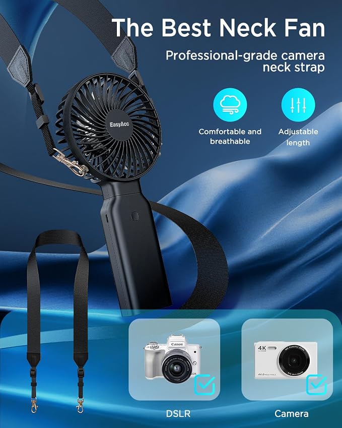 EasyAcc Portable Handheld Fan, 9000mAh + 53H Cooling Time+ ODM Durrable + with Hands-Free Camera Strap + Backup Power + 4 Speeds, Rechargeable Handheld Fan for Travel Outdoor - Image 5