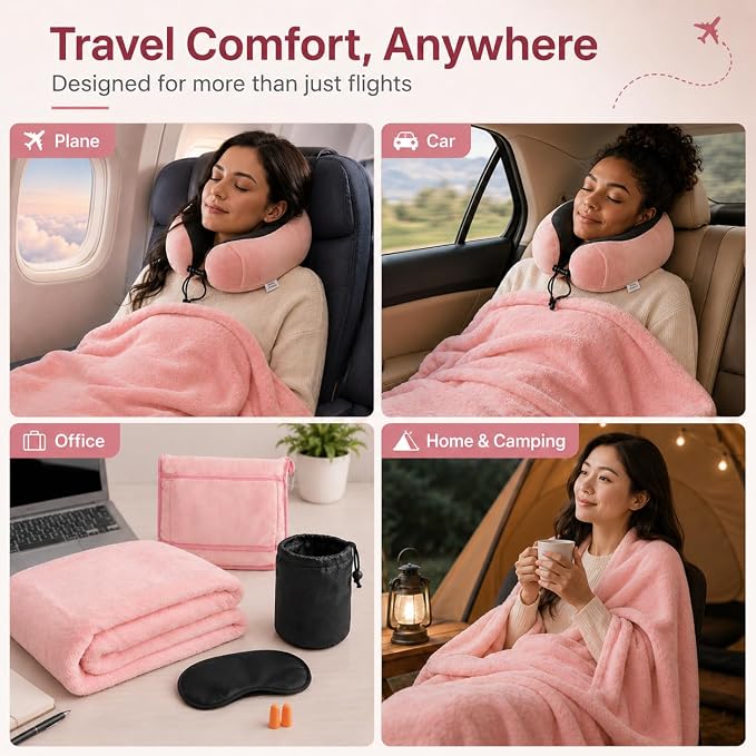 Travel Blanket and Pillow Set - Neck Pillow Airplane Essentials, Pink | Memory Foam, Sleep Mask, Earplugs with Bag, Fleece Soft Comfort for Long Plane Flight Traveling Car Road Trip Flying - Image 5