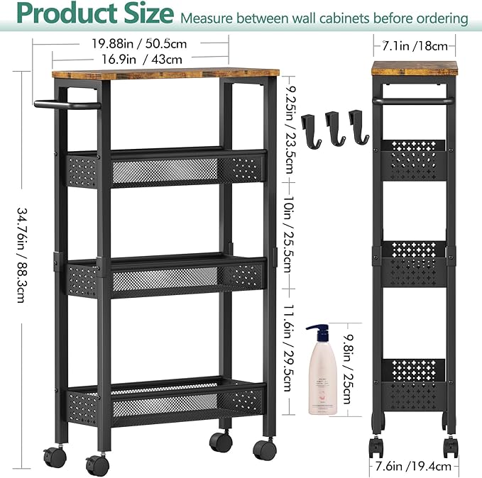 Vivihomety 4-Tier Slim Utility Rolling Laundry Cart with Wheels, Metal | Narrow 7.1" wide, Lockable wheels, wood top panel, metal frame, with handle, for laundry, bathroom, kitchen, black - Image 5