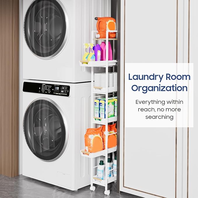 6 Tier Slim Storage Cart with Pull-Out Baskets Rolling Cart with Wheels Wood Top Narrow Utility Cart Metal Shelving Units for Pantry Laundry Room Bathroom Kitchen White 8in(W) - Image 3