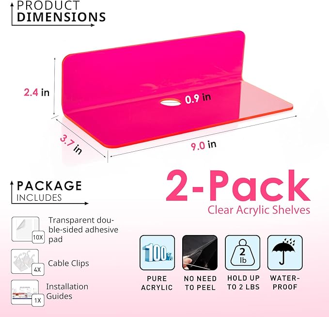 OAPRIRE Acrylic Floating Wall Shelves Fluorescent Pink, No Drill, 9 Inch 2P | Strong Tape Adhesive Wall Shelf, Easy Installation, Hole Design with Cable Clips, Small Spaces Bedroom Bathroom Living Room - Image 2